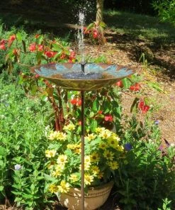 The Birdhouse Chick Staked & Pedestal Bird Baths Brass Leaves Solar Bubbler Bird Bath